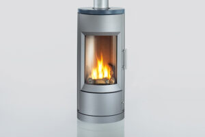 Modern wood-burning stove with a glass front and visible flames in a minimalist design.